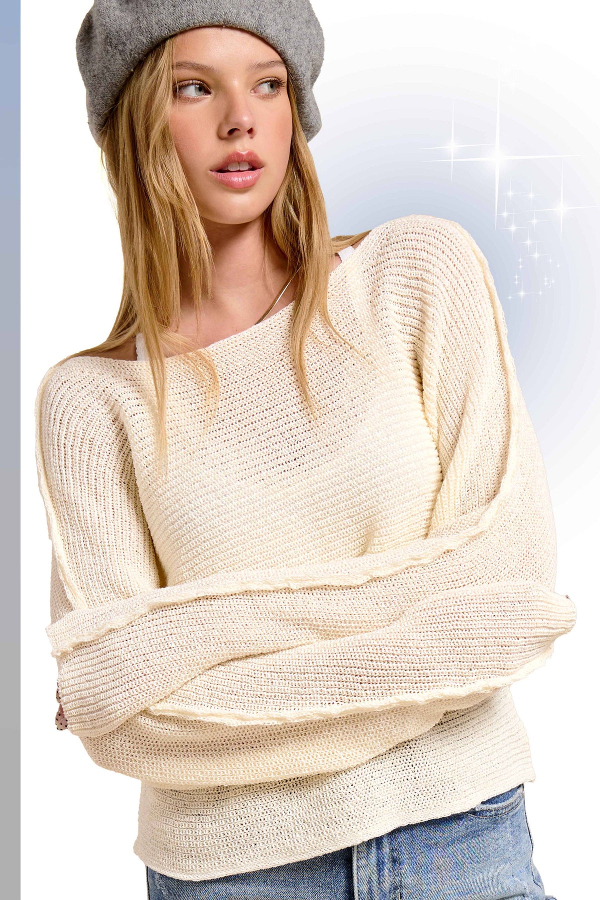 La Miel - JDS3608-Boat Neck Off Shoulder Dolman Sleeve Sweater Fall: Denim / S