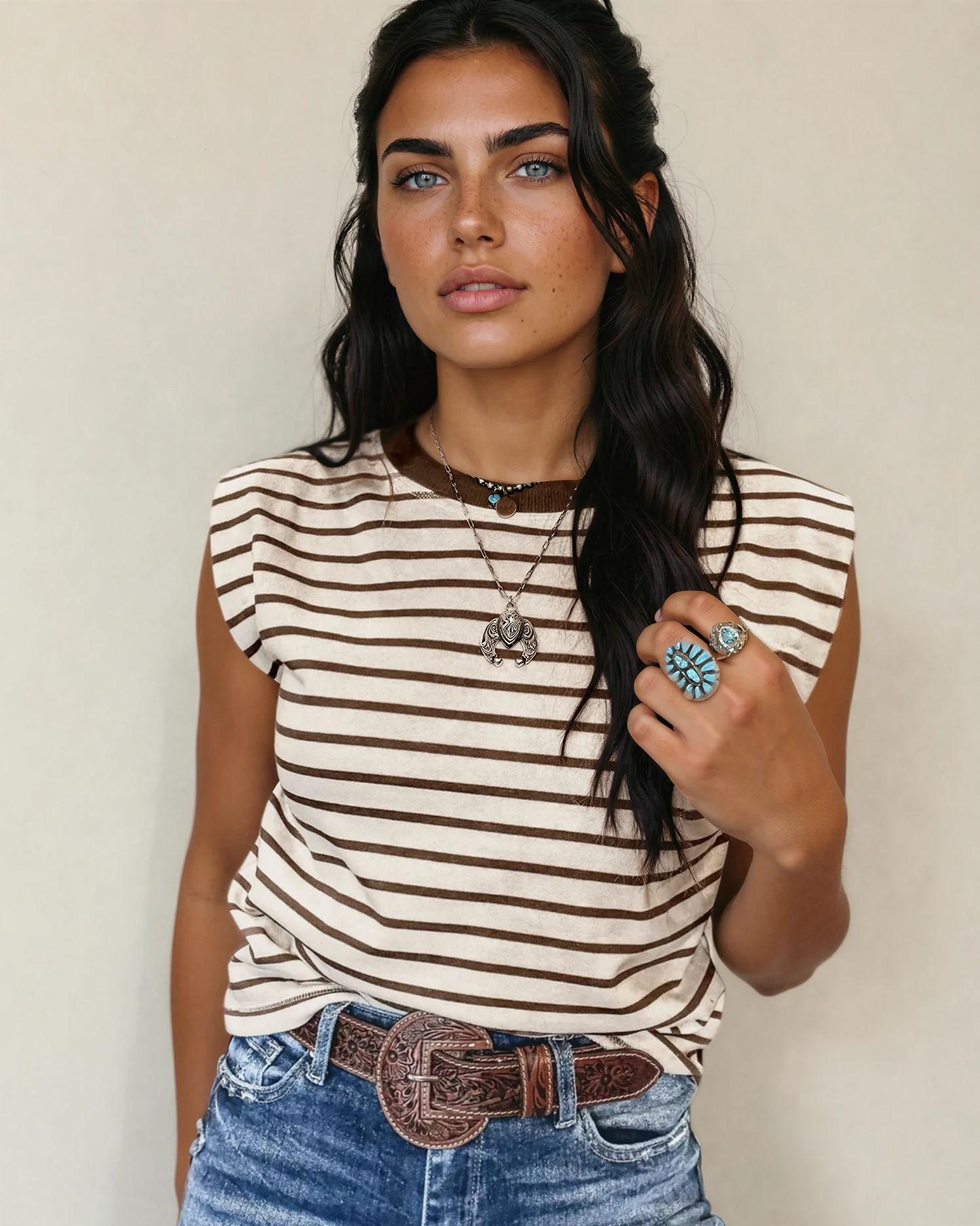 Indie & Co. | Women's Apparel - Serena Stripe Loose Tank Top - Brown | Tank Top | Loose Fit: Rayures marron / 95 % coton+5 % élasthanne / XL