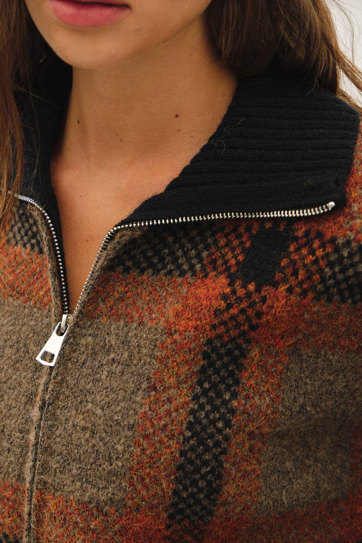 Be Cool - PLAID ZIP UP SWEATER JACKET : BLUE / M