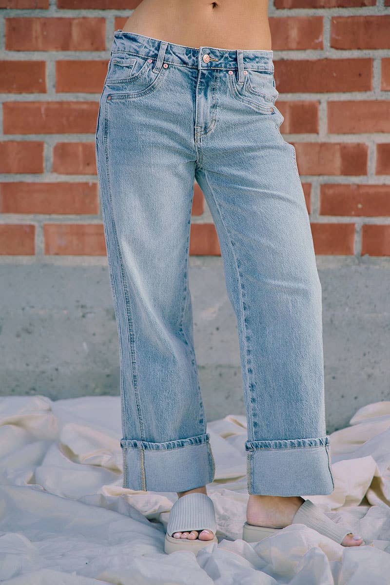 BiBi - VINTAGE WASHED STRAIGHT JEANS WITH SIDE STITCH DETAIL: WASHED DENIM / L