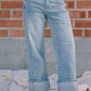 BiBi - VINTAGE WASHED STRAIGHT JEANS WITH SIDE STITCH DETAIL: WASHED DENIM / XL
