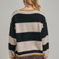 BON - WIDE STRIPE EVERYDAY COZY FALL SWEATER CARDIGAN_JLT00445-01: BLUE/BROWN / S-M-L(2-2-2)