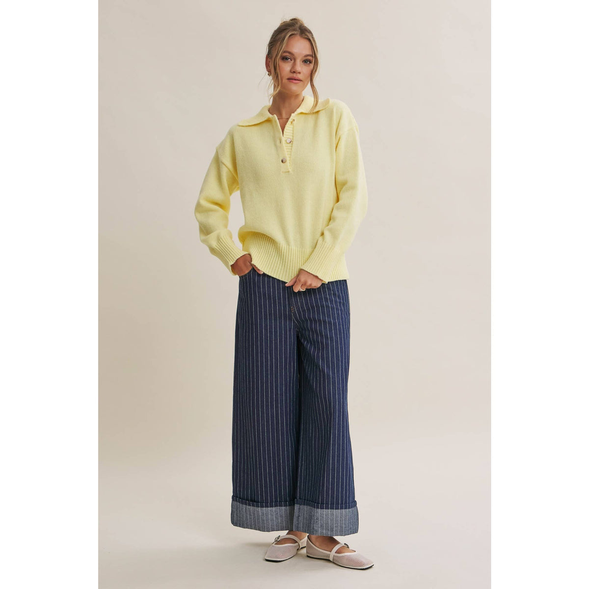 in february - MORNING LIGHT UPLIFTING SOFT PASTEL POLO SWEATER TOP: BUTTER YELLOW / L