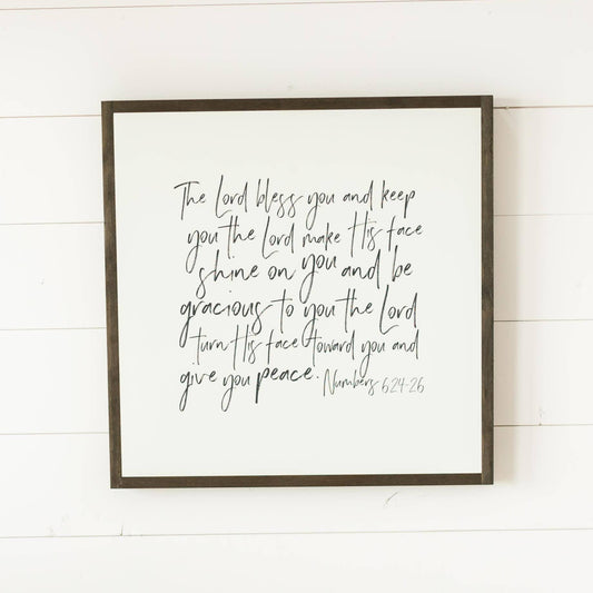 The Lord Bless You | Wall Art: Soft White-Black Text / Dark Brown Frame / 24 inches x 24 inches