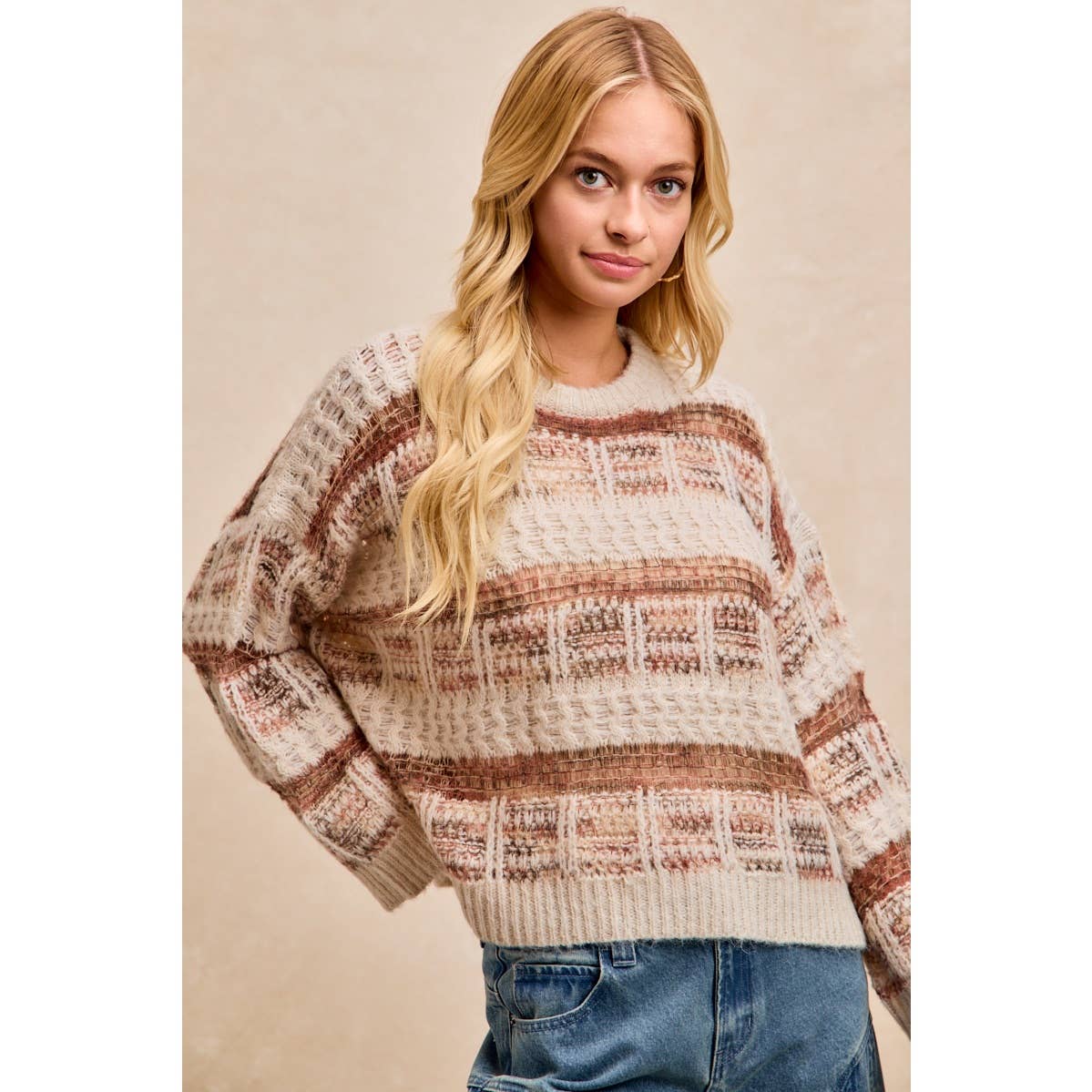 BiBi - VINTAGE SOFT CHECK PATTERN CHUNKY KNIT SWEATER: MOCHA MULTI / XL