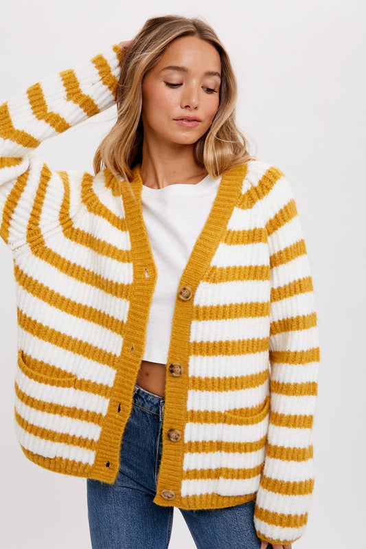 Button Up Stripe Cardigan: IVORY/MUSTARD