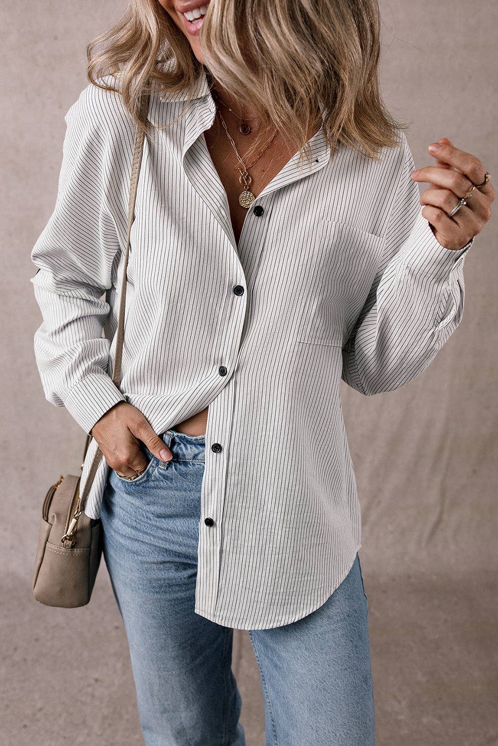Lovesoft - Stripe Roll-tab Sleeve Pocketed Long Shirt: Black Stripe / 65%Polyester+35%Cotton / XL