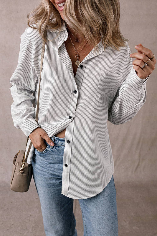 Lovesoft - Stripe Roll-tab Sleeve Pocketed Long Shirt: Black Stripe / 65%Polyester+35%Cotton / XL