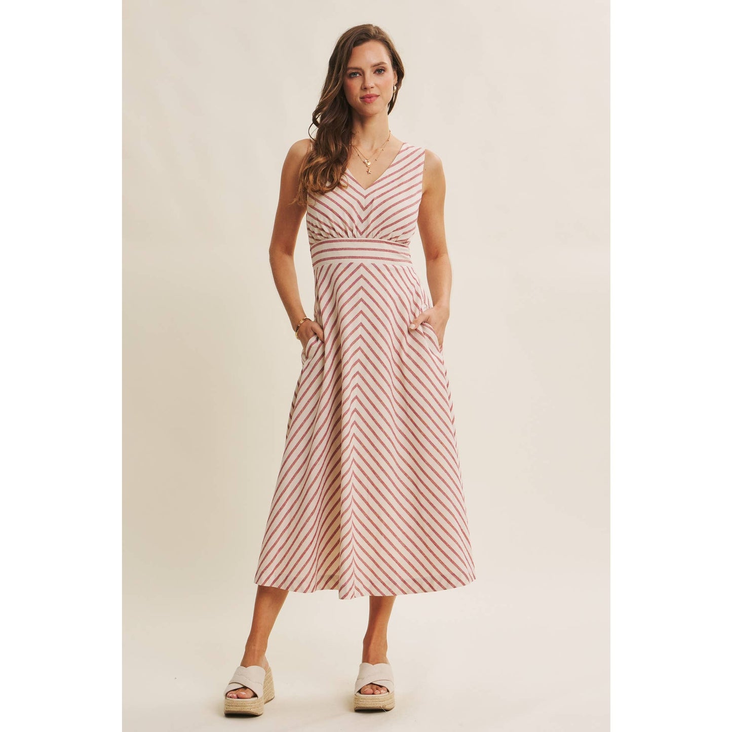 in february - SOFT-GLOW COTTON BLEND LUREX STRIPE FIT AND FLARE MIDI DRESS: RED / S