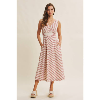 Cotton Blend Lurex Stripe Fit and Flare Midi Dress: RED