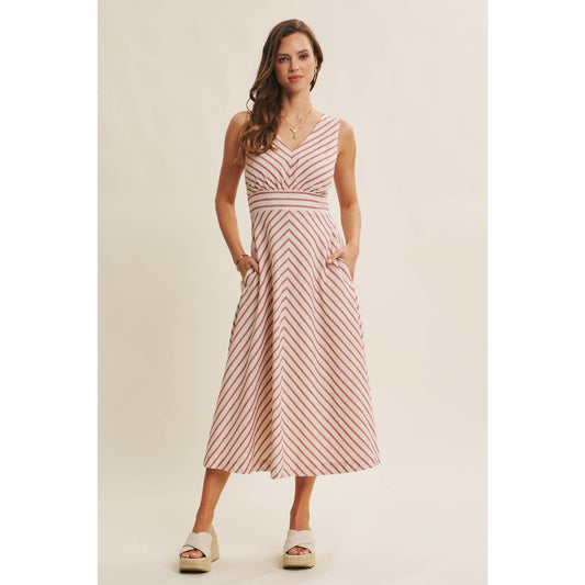 Cotton Blend Lurex Stripe Fit and Flare Midi Dress: RED