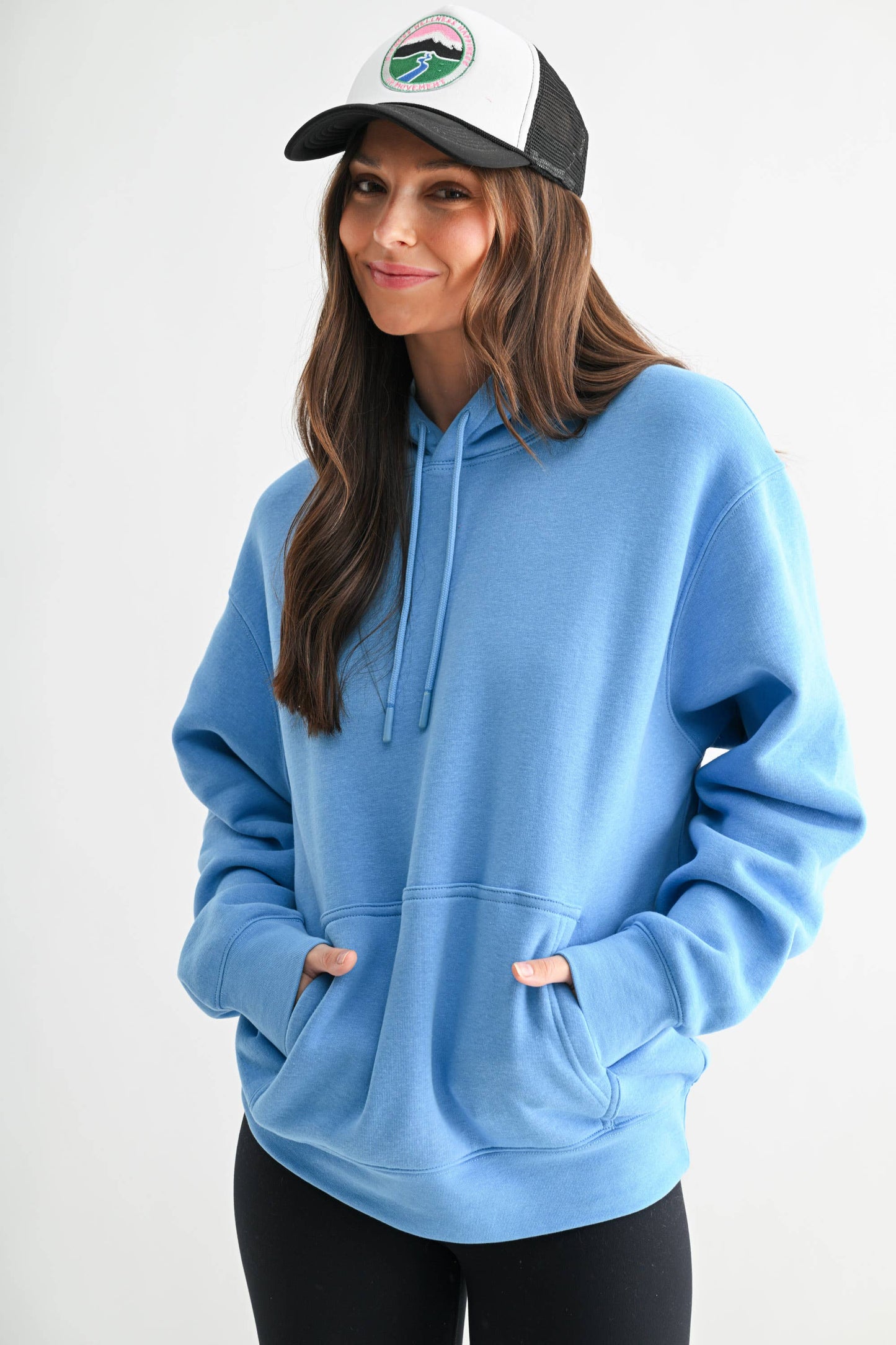 Cotton Blend Drop Shoulder Hoodie: HALOGEN BLUE