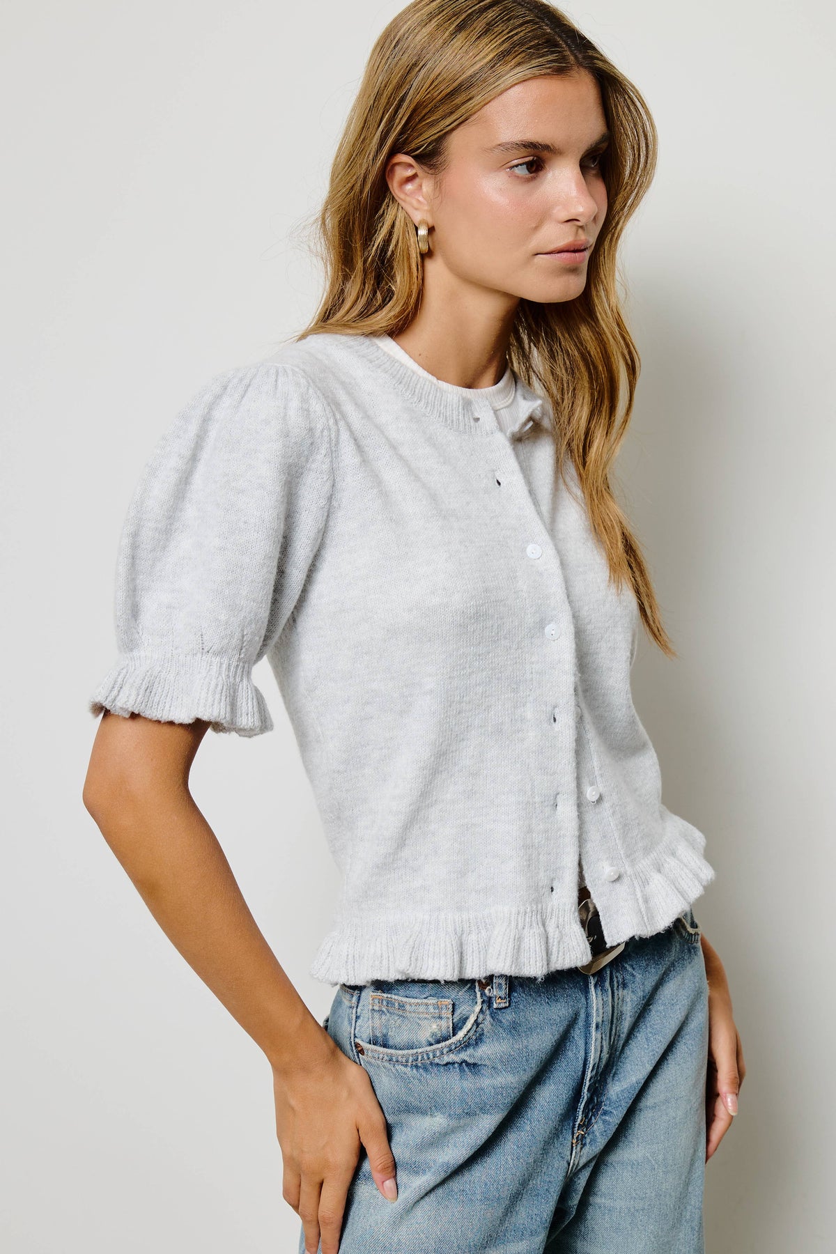 Mimosa - Puff Sleeve Ruffle Hem Knit Cardigan: Ivory / L