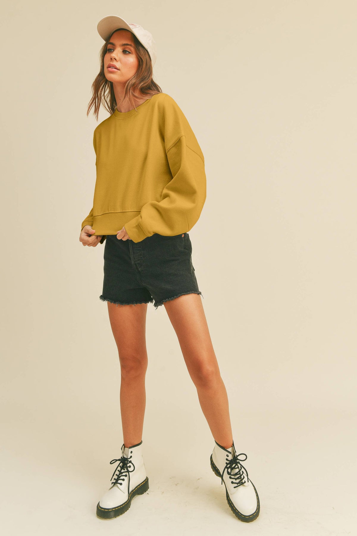 Honestee - Blank Short Cropped Long Sleeve Sweatshirt: MUSTARD / L