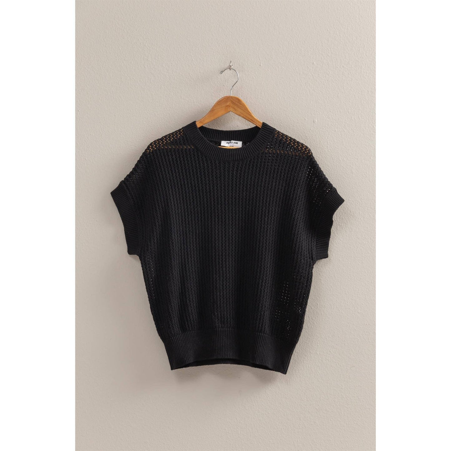 Open-Knit Dolman Sleeve Top: BLACK
