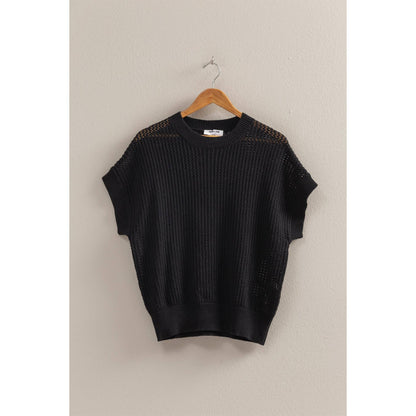 Open-Knit Dolman Sleeve Top: BLACK
