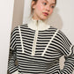 Creamon - Preppy Californian Half-zip Striped Sweater-BLUE: BLACK / L
