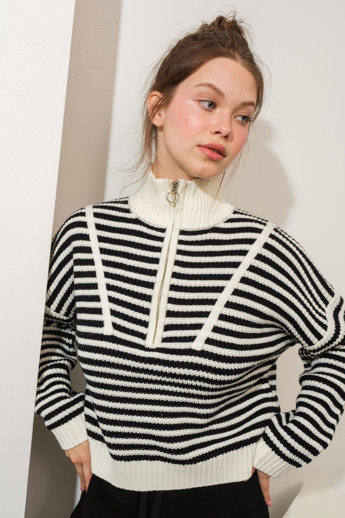 Creamon - Preppy Californian Half-zip Striped Sweater-BLUE: BLACK / L