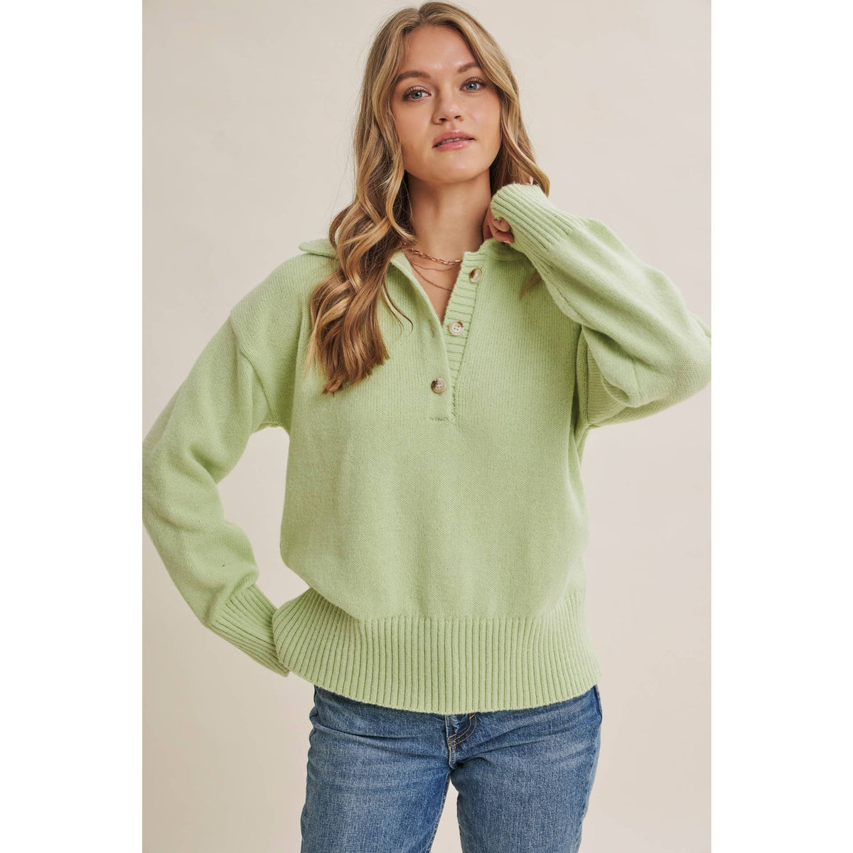 in february - MORNING LIGHT UPLIFTING SOFT PASTEL POLO SWEATER TOP: BUTTER YELLOW / L