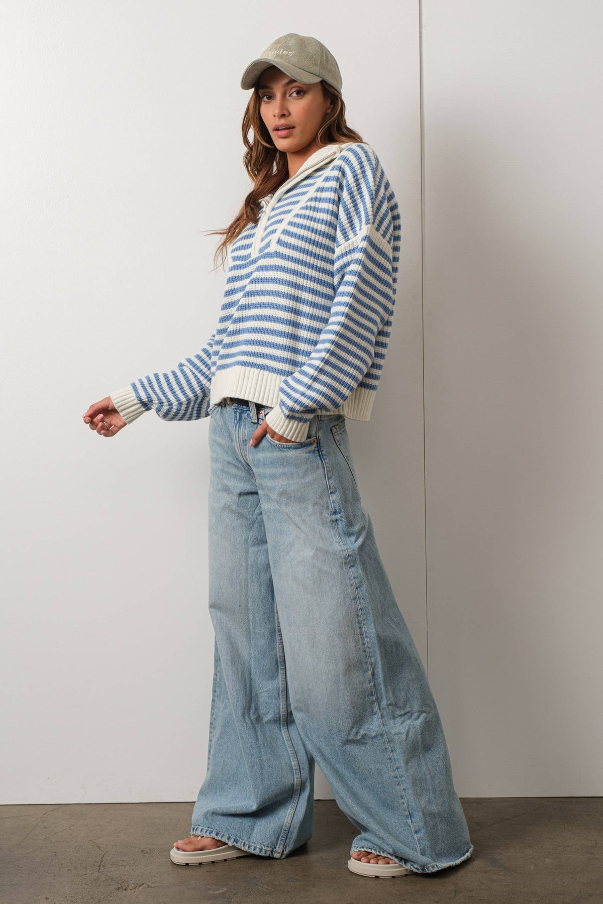 Creamon - Preppy Californian Half-zip Striped Sweater-BLUE: BLACK / L