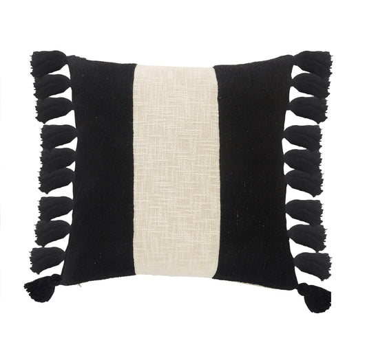 Tri-Stripe Black and Ivory Fringe Pillow with Insert