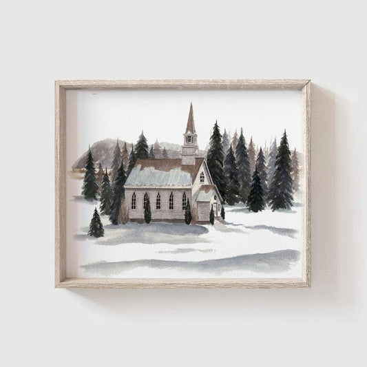 Winter Church Watercolor Print (No Frame)