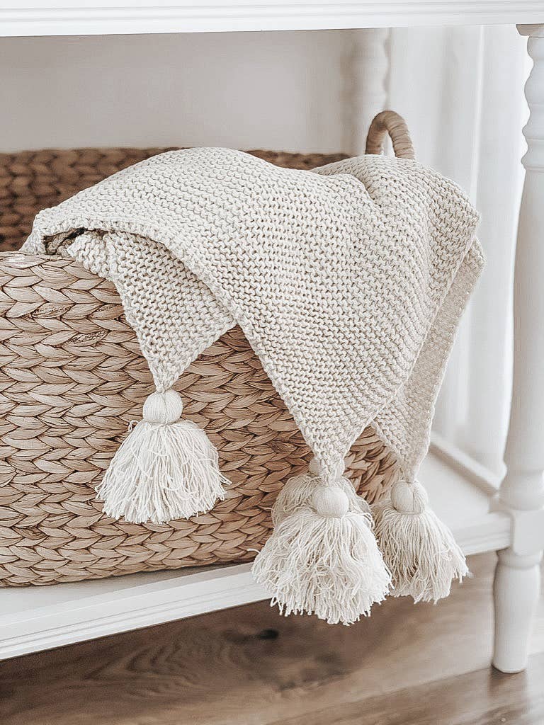 Knit Throw Blanket With Tassels- Cream