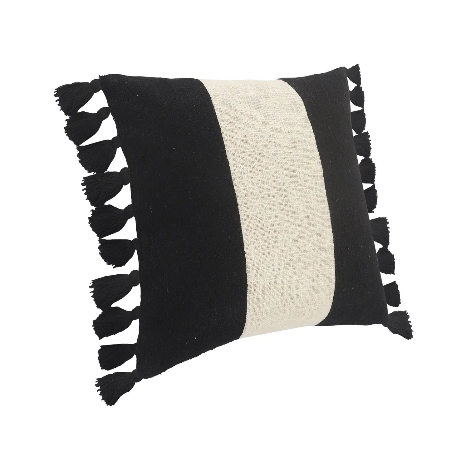 Tri-Stripe Black and Ivory Fringe Pillow with Insert