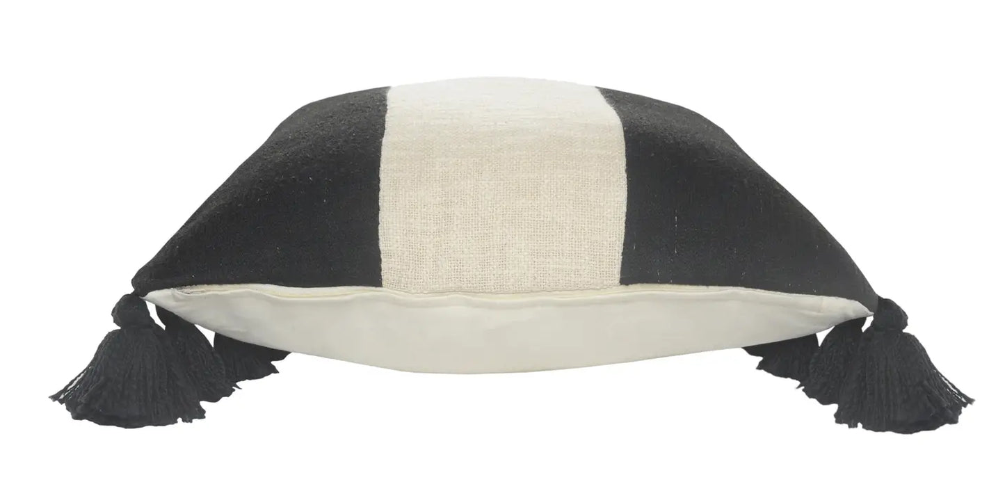 Tri-Stripe Black and Ivory Fringe Pillow with Insert