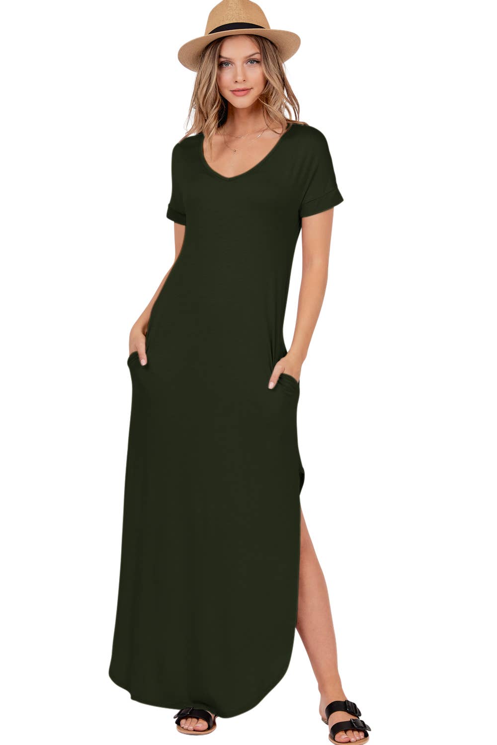 Short Sleeve Scoop Neck Maxi Dress With Side Slits- Navy