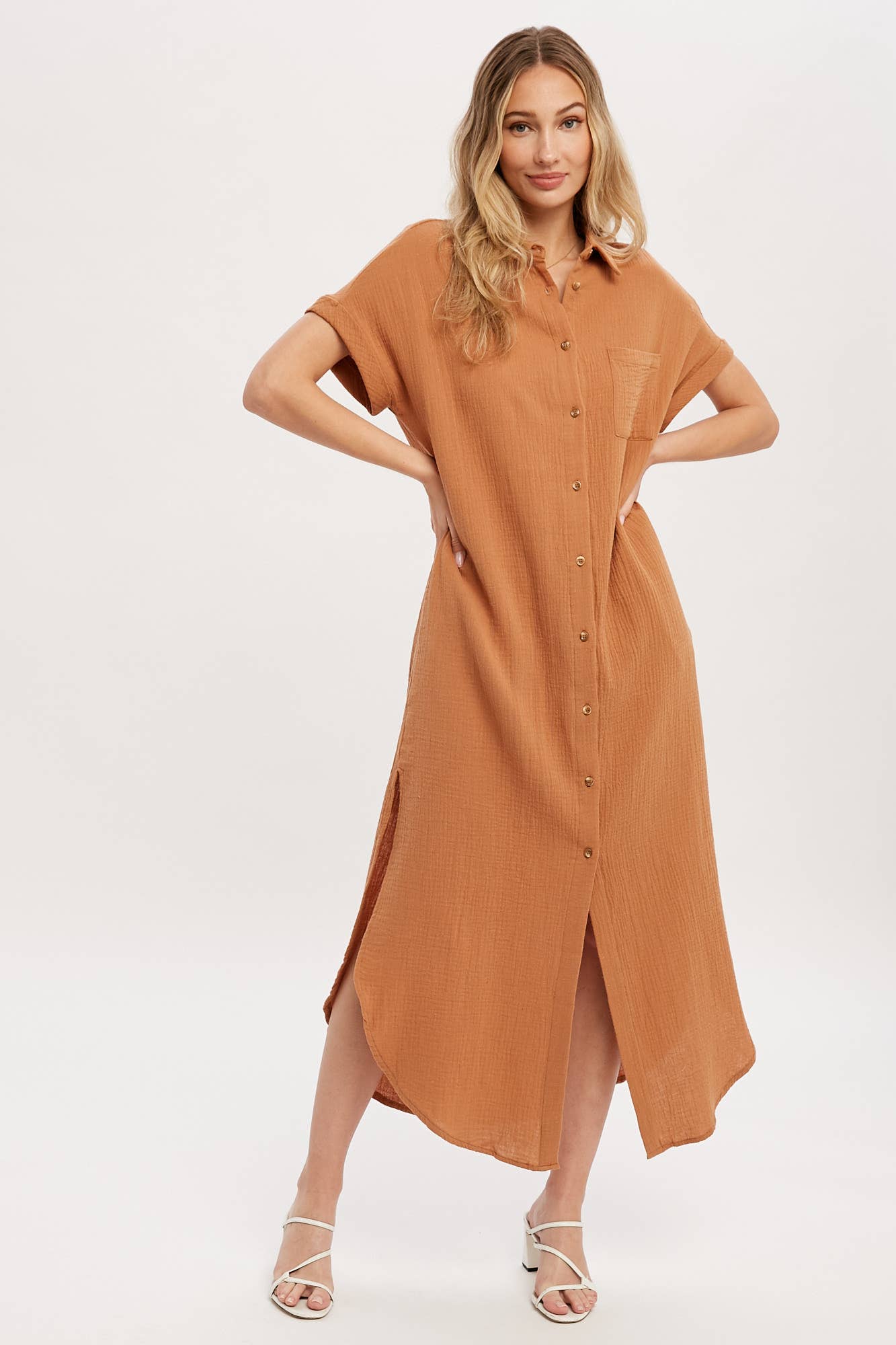 Button Up Maxi Shirt Dress with Pocket- Camel