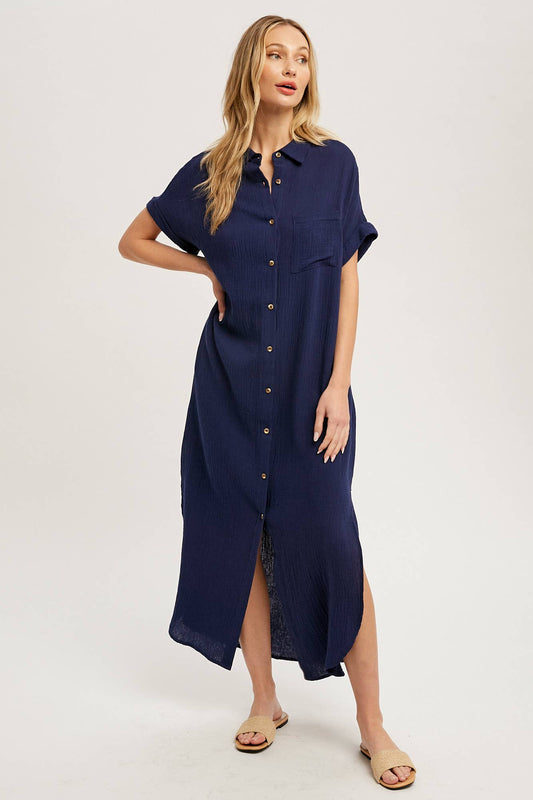 Button Up Maxi Shirt Dress with Pocket- Indigo